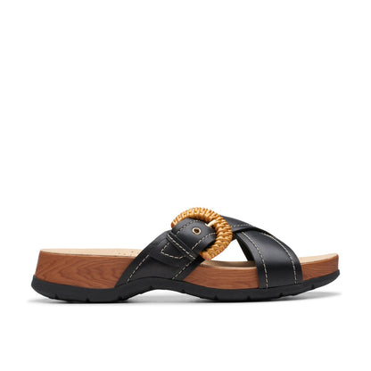 Clarks Reileigh Bay 26177422 Womens Black Leather Slides Sandals Shoes