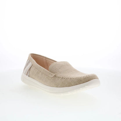 Minnetonka Discover 61031 Womens Beige Canvas Slip On Loafer Flats Shoes